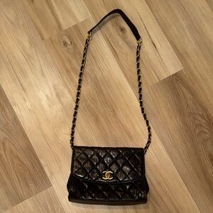 Black Quilted Crossbody Bag with Gold Accents
